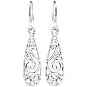 Classic Open Etched Sterling Silver Plated Tear Drop Hook Earrings